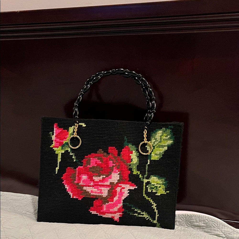 Vintage 1940’s Black Floral Needlepoint Tote Bag with Big Red Rose